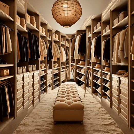 A walk-in closet with clothes continuing into the distance.
