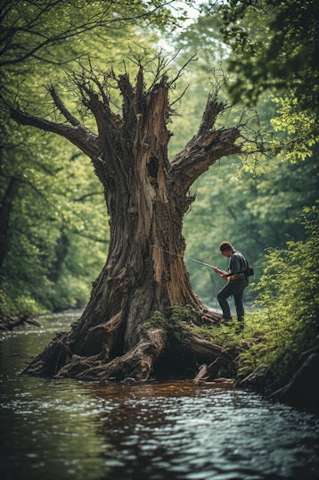 A man fishing from a river bank beside a giant tree stump.