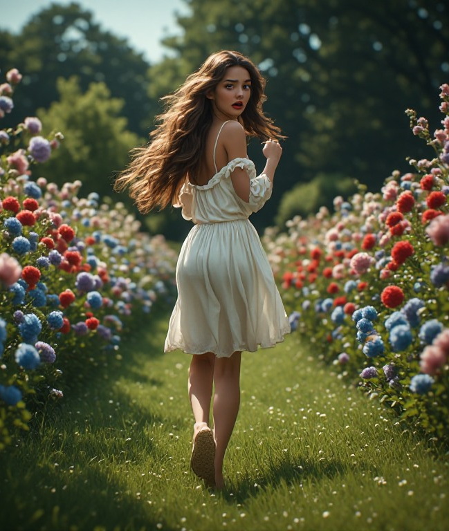 A woman in a white dress running through an avenue of flowers..
